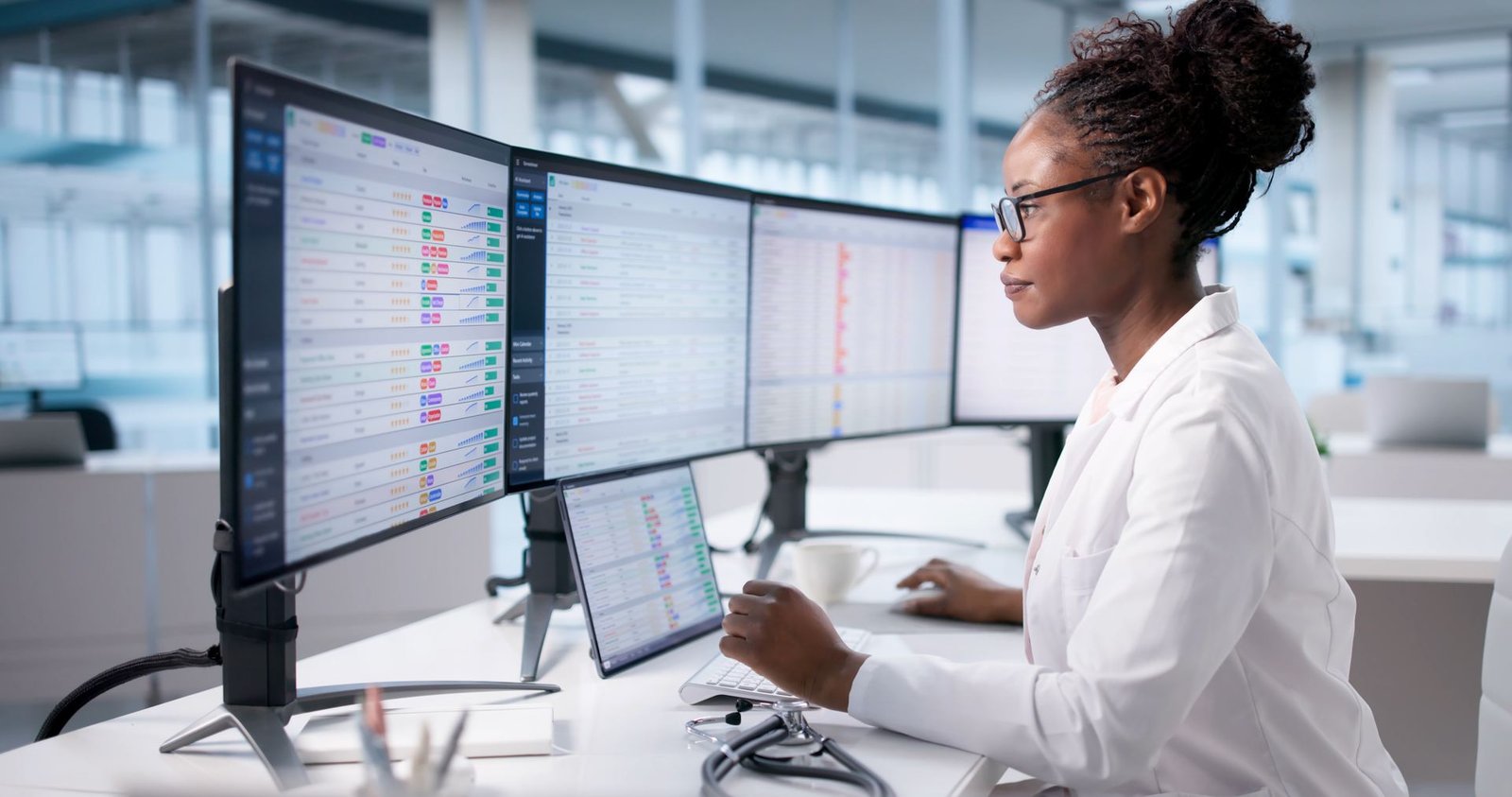 Analyst reviewing claim data across multiple screens
