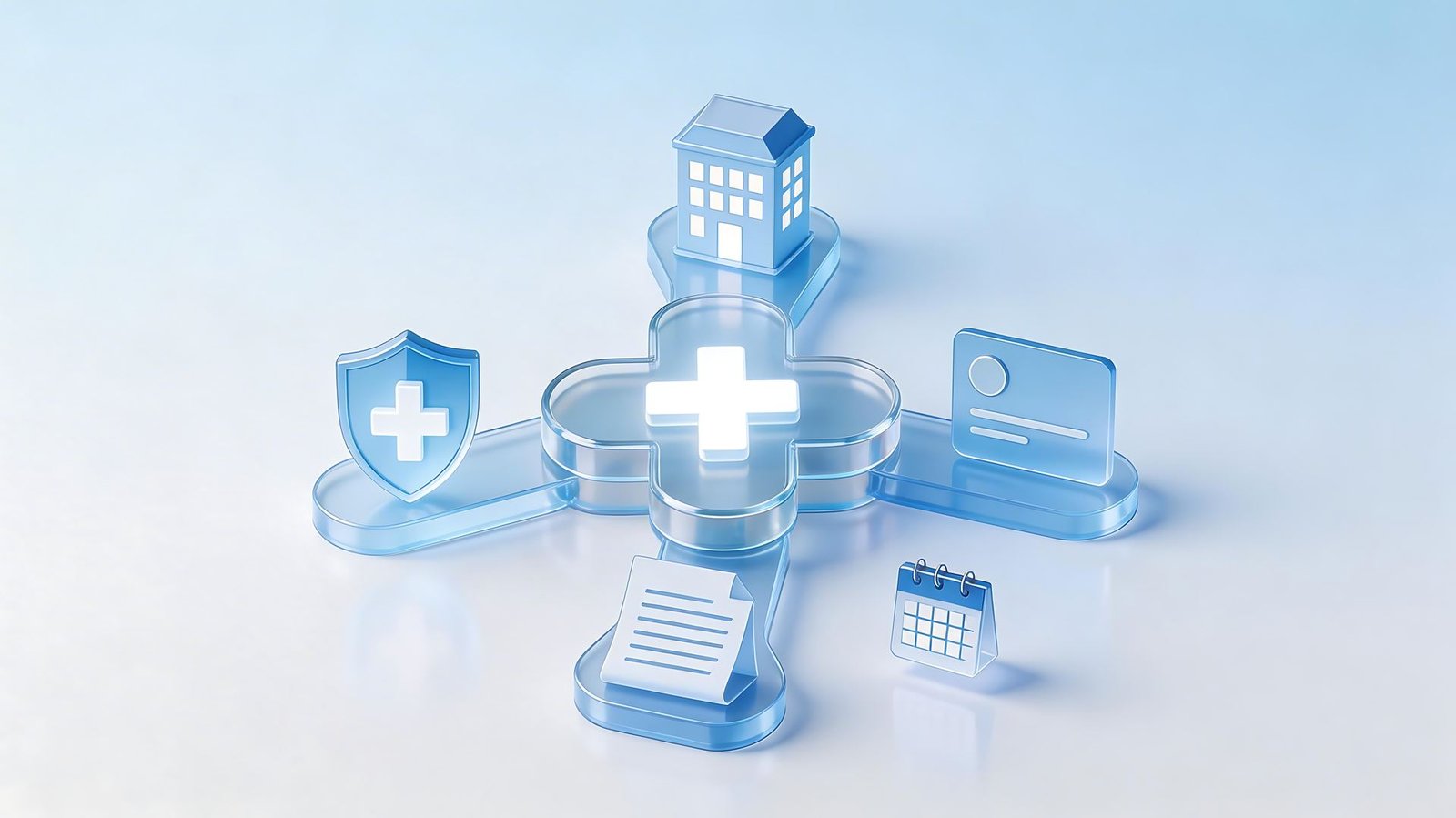 Glass medical cross surrounded by a shield, clinic, insurance card, record and calendar